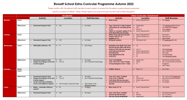 Extra Curricular Timetable 2022