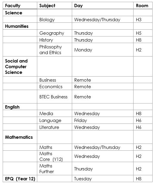 Sixth Form revision timetable