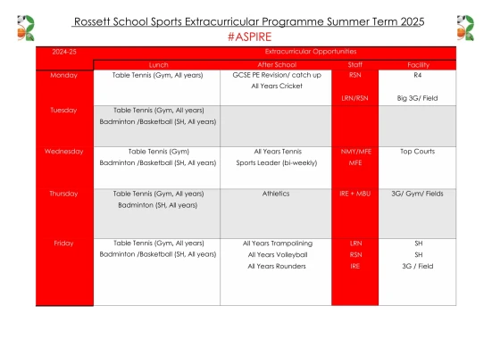 Summer Sports Extracurricular Timetable 2025